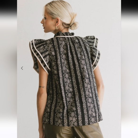 Entro Rue 32 Floral Blouse 100% Cotton Black And Cream Cottagecore Size Small - Picture 3 of 9